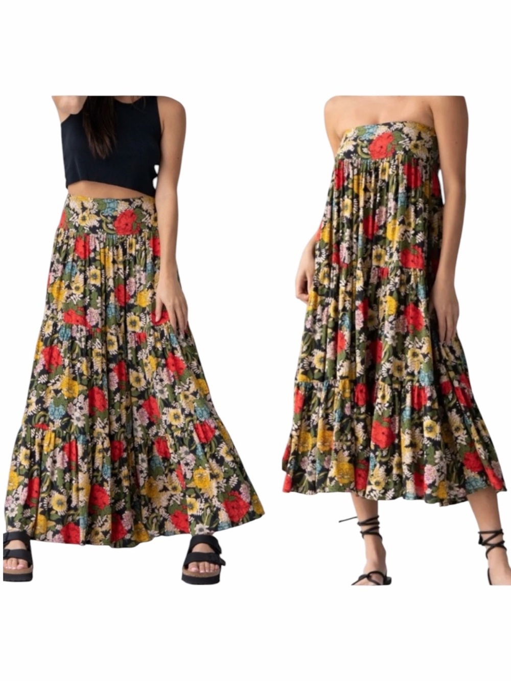Natural Life Hanna Convertible Floral Tiered Maxi Skirt Black Red Poppy medium - Picture 6 of 7